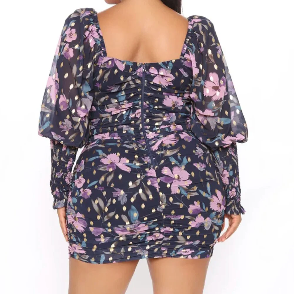 Fashion Nova Mini Dress XL Navy Ultimate Choice Metallic‎ Floral Ruched New Sexy